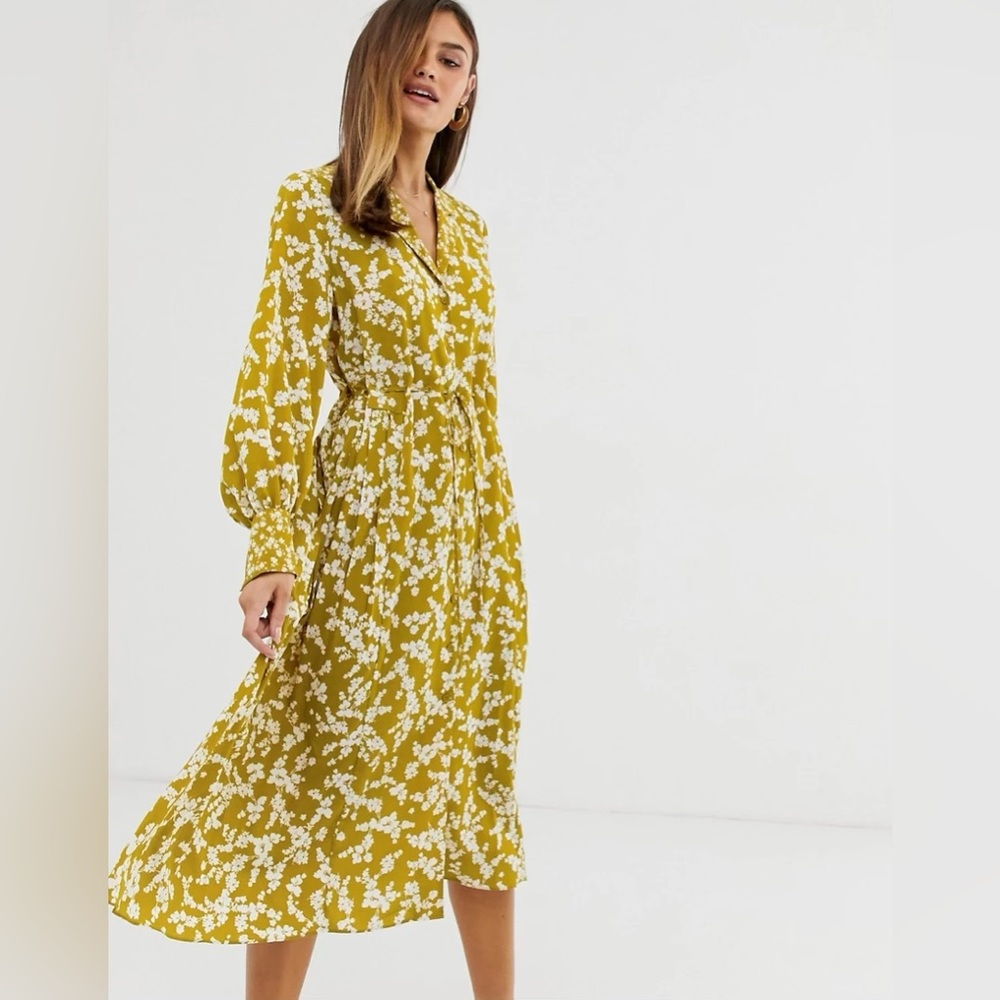 French Connection Bruna Light Mid Floral Midi Shirt Dress Yellow - Picture 11 of 15